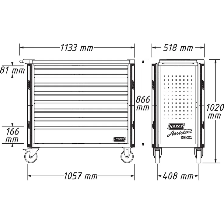 Hazet Werkstattwagen Assistent Schubladen flach: 5x77x870x398 mm Schubladen hoch: 2x162x870x398 mm (179NXXL-7/340)
