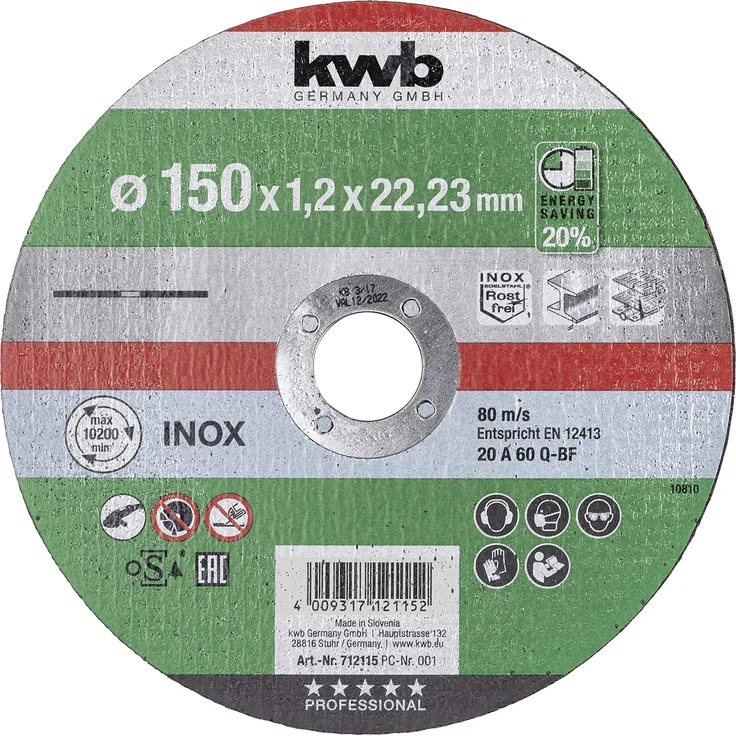 kwb 712115 AKKU-TOP extra dünne Trenn-Scheibe 150 mm Speed, 150 x 1,2 für Winkel-Schleifer, Flexscheibe geeignet für Edelstahl + Metall, Bohrung 22,23 mm, 150x1,2
