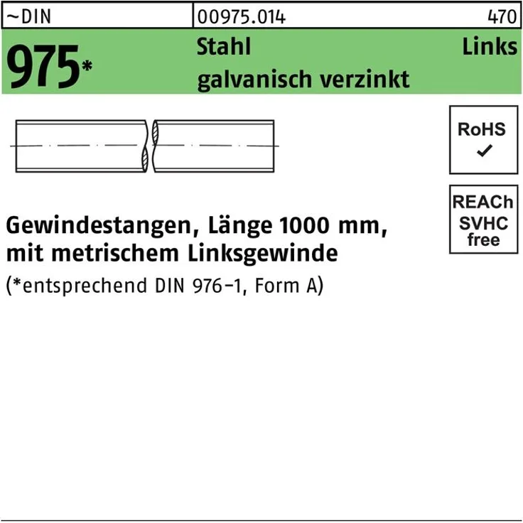 Reyher Gewindestange DIN 975 links M 10 -LH x 1000mm Stahl galvanisch verzinkt