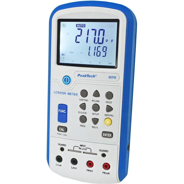 PeakTech 2170 LCR-Meter, ESR-Messgerät mit USB inkl. Software, LCR Auto-Erkennung, Frequenz 1-120 Hz, 1-10-100 kHz, Digitales Multimeter, Messgerät, Strommessgerät, beleuchtete LCD-Anzeige, Bargraph