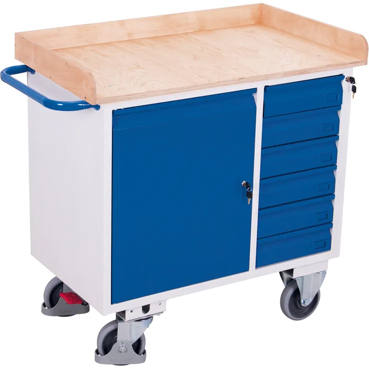 VARIOfit Werkstattwagen mit Schiebegriff, Schrank, 6 Schubladen und Ladefläche mit Rand 1000x600mm