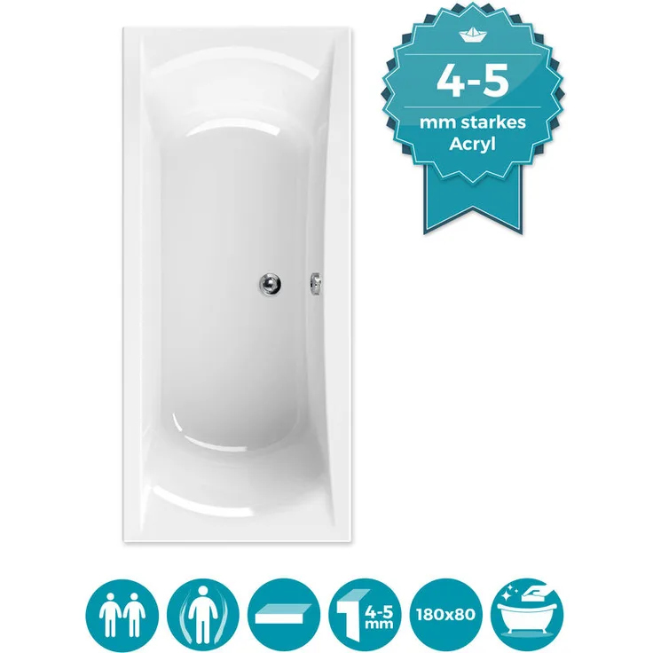 Calmwaters Rechteck-Badewanne 180x80 cm, Acrylwanne Modern Curved, Duo-Badewanne für zwei Personen, ergonomische Körperformbadewanne, Maße 180 x 80