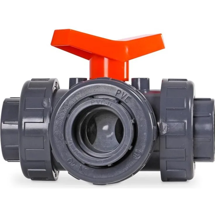 mega PVC 3-Wege Kugelhahn, T-Bohrung, 3-fach 50 mm Klebemuffe