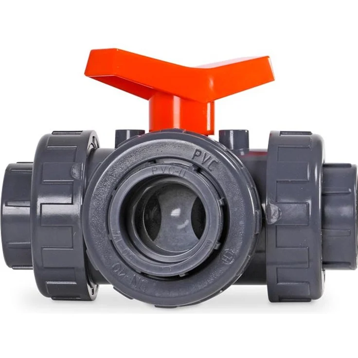 mega PVC 3-Wege Kugelhahn, T-Bohrung, 3-fach 50 mm Klebemuffe