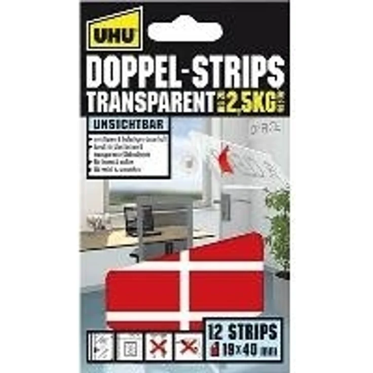 UHU 45515 Doppel Strips (transparent, 2,5 kg, 19 mm x 40 mm) 12 Stück - Preisvergleich