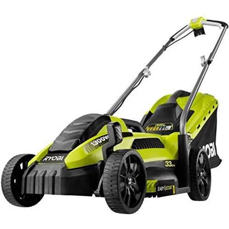 Ryobi Elektro-Rasenmäher RLM13E33S, Grasmäher mit 1300 W, 33 cm Schnittbreite, 5-stufige zentrale Schnitthöhenverstellung, EasyEdge Rasenkamm, 35 l Textil-Grasfangsack mit Hardtop, Art.-Nr. 5133002343