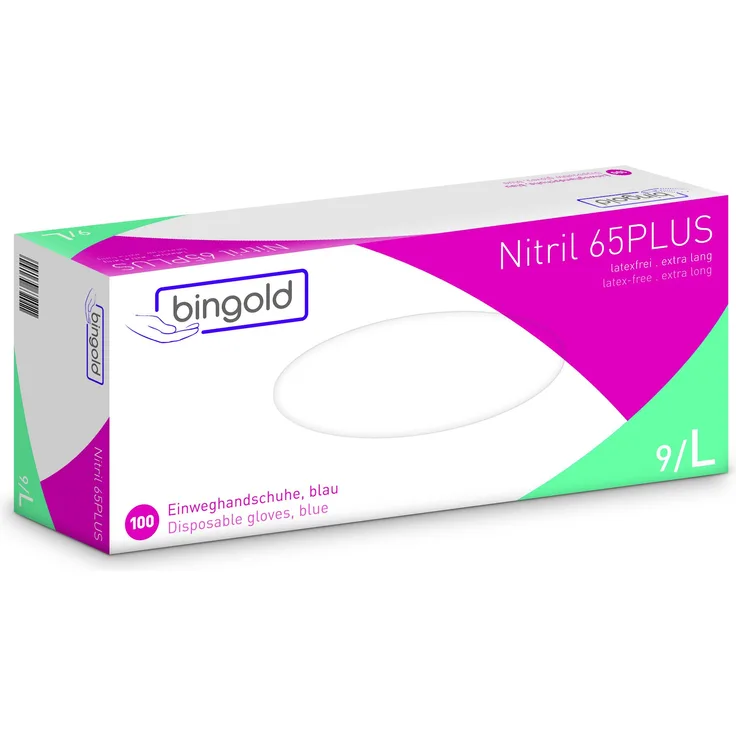 BINGOLD Einmalhandschuhe Nitril 65PLUS, blaue Nitrilhandschuhe, Größe L, 10x100-er Pack