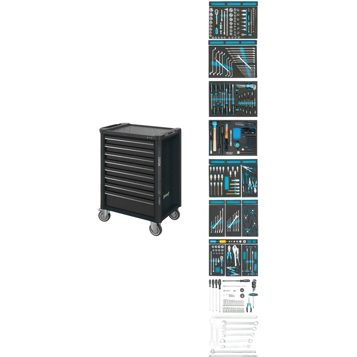 Hazet Werkstattwagen Assistent Schubladen flach: 7 x 77 x 522 x 398 mm Schubladen hoch: 1 x 162 x 522 x 398 mm Anzahl Werkzeuge: 300 (179N-8-RAL7021/300)