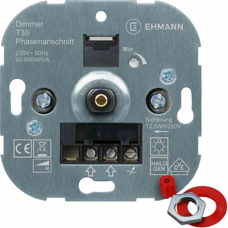 EHMANN 3500x0000 T35.00 Unterputz-Dimmer, Phasenanschnitt, 230 V, 50 Hz, Leistung: 60-600 W-VA, inkl. Schalterprogramm-Adapter