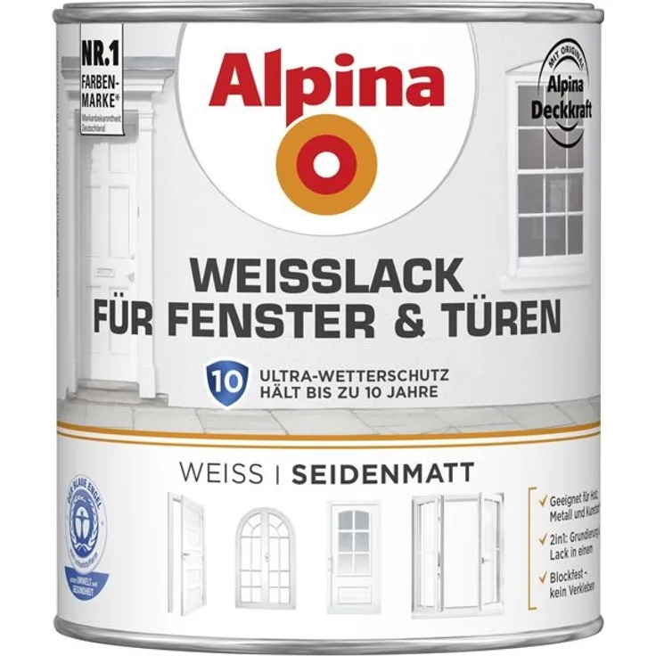 Alpina Weißlack für Fenster & Türen 750 ml, weiß, seidenmatt, innen und außen, ultra Wetterschutz, geeignet für Holz Metall und Kunststoff