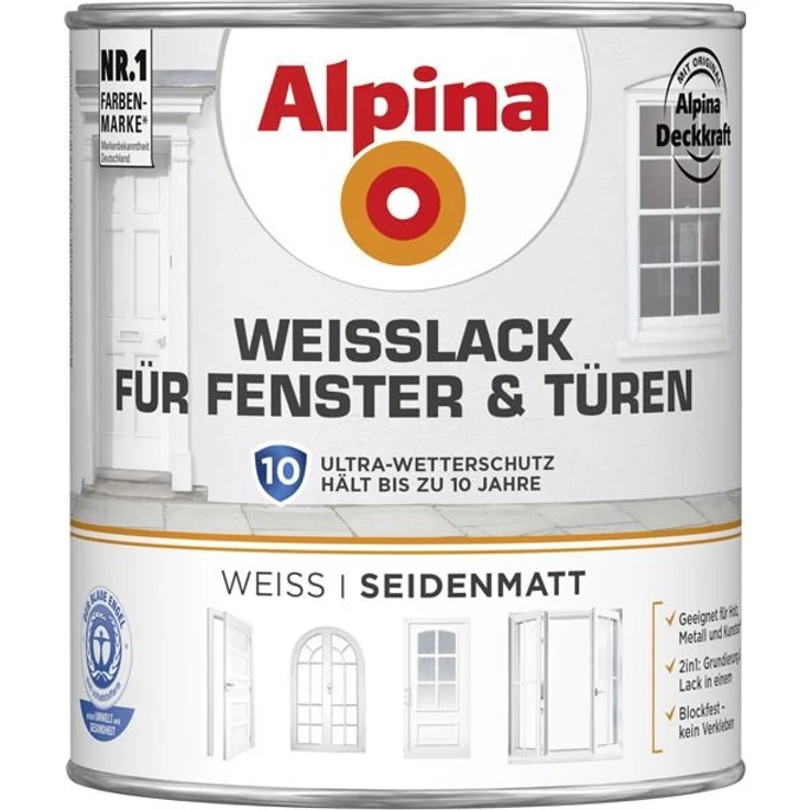 Alpina Weißlack für Fenster & Türen 750 ml, weiß, seidenmatt, innen und außen, ultra Wetterschutz, geeignet für Holz Metall und Kunststoff – Bild 1