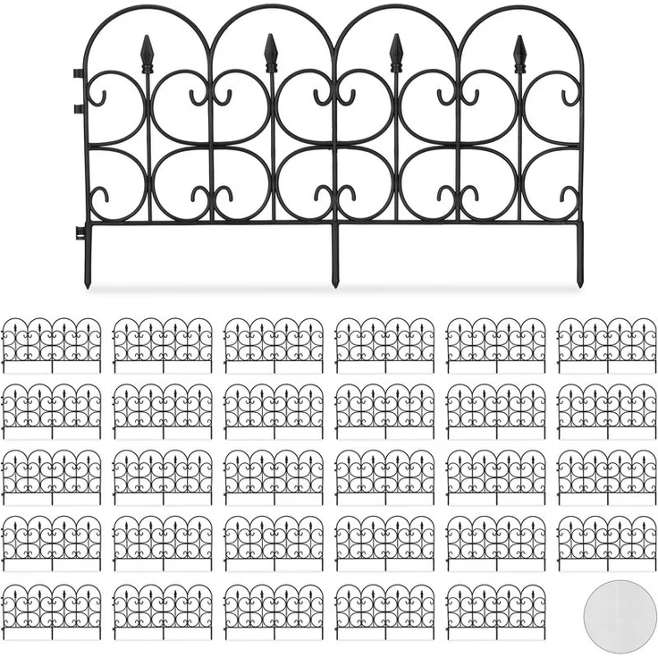 Relaxdays - 30 tlg. Beetzaun Set aus wetterfestem Kunststoff, 30cm hoch, schöner Dekozaun, mit Erdspießen, 20m Zierzaun, schwarz