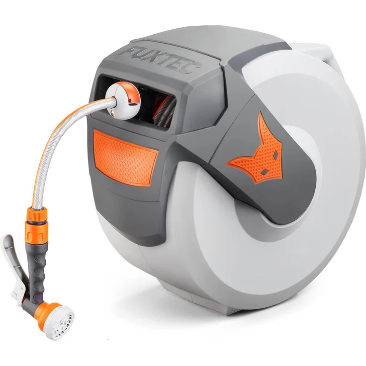 FUXTEC Wasserschlauchaufroller FX-WSA20 20 m Aufroll-Automatik, 180° schwenkbar grau, orange – Bild 2