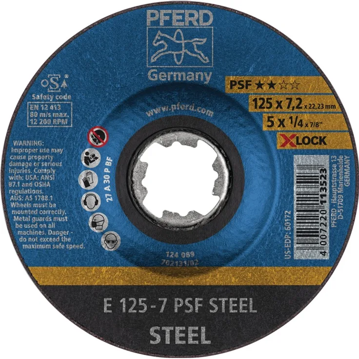 PFERD Schruppscheibe, 10 Stück, 125 x 7,2mm, X-LOCK (22,23 mm), PSF STEEL, 62011125 – für schnelle und komfortable Werkzeugwechsel