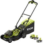 Ryobi Hybrid Rasenmäher - Akku-- Netzbetrieb, Schnittbreite 37 cm, inkl. 2 Akkus 2,5 Ah, Grasfangsack 45 l, mulchtauglich, Schnitthöhenverstellung RY18LMH37A-225, grün