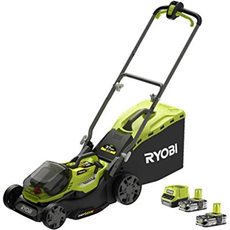 Ryobi Hybrid Rasenmäher - Akku-- Netzbetrieb, Schnittbreite 37 cm, inkl. 2 Akkus 2,5 Ah, Grasfangsack 45 l, mulchtauglich, Schnitthöhenverstellung RY18LMH37A-225, grün