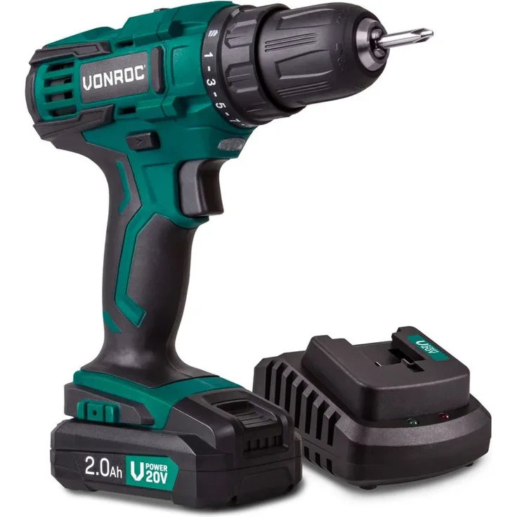 Vonroc Akku-Bohrmaschine VPower 20V, Komplettset mit 1x 2.0Ah Akku, Schnellladegerät, Bits und Aufbewahrungstasche