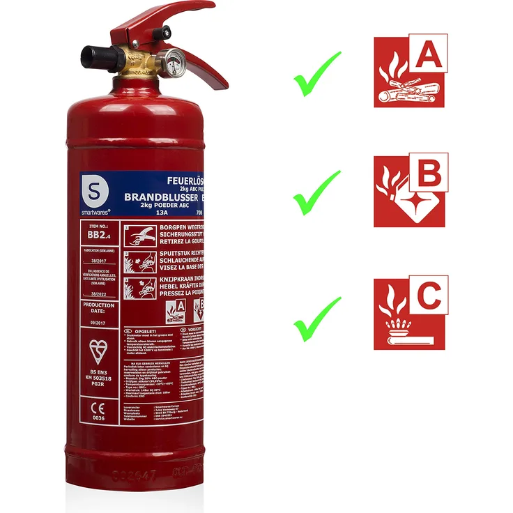 Smartwares ABC Feuerlöscher 2 Kg-Pulverlöscher mit Halterung und Manometer, 2kg, SW BB2
