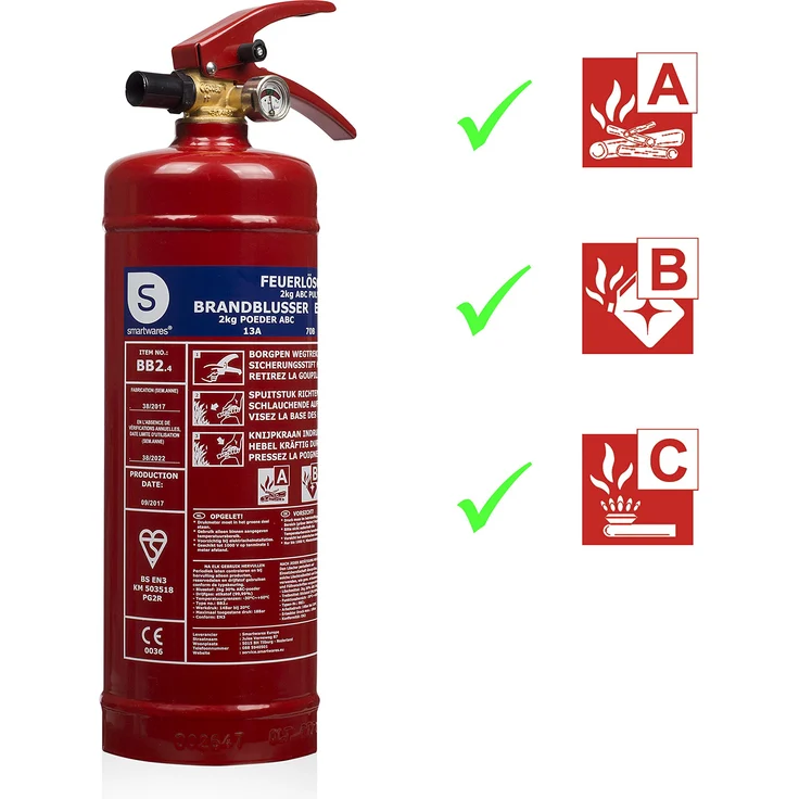 Smartwares ABC Feuerlöscher 2 Kg-Pulverlöscher mit Halterung und Manometer, 2kg, SW BB2 – Bild 1