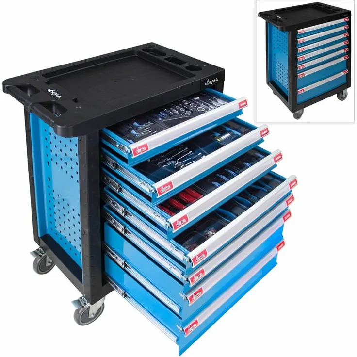 Dema - Werkstattwagen - Werkzeugwagen Carlos 7 Schubladen bestückt mit Werkzeug 262 tlg