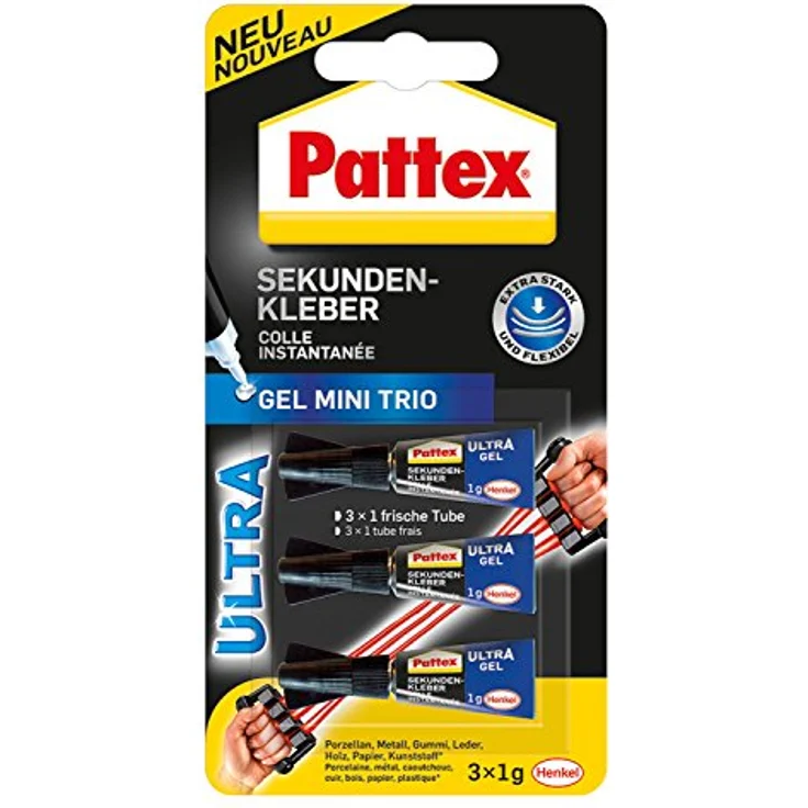 Pattex Sekundenkleber Ultra Gel Mini Trio, extra starker & flexibler Superkleber in 3 Tuben, Sekundenkleber Gel für z. B. Gummi, Leder, Holz, 3 x 1g - Preisvergleich – Bild 1
