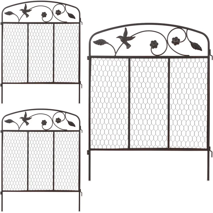 Relaxdays - Beeteinfassung zum Stecken, 3 Zaunelemente je HxB: 79 x 63 cm, Metall, Beetzaun mit Verzierung, dunkelbraun
