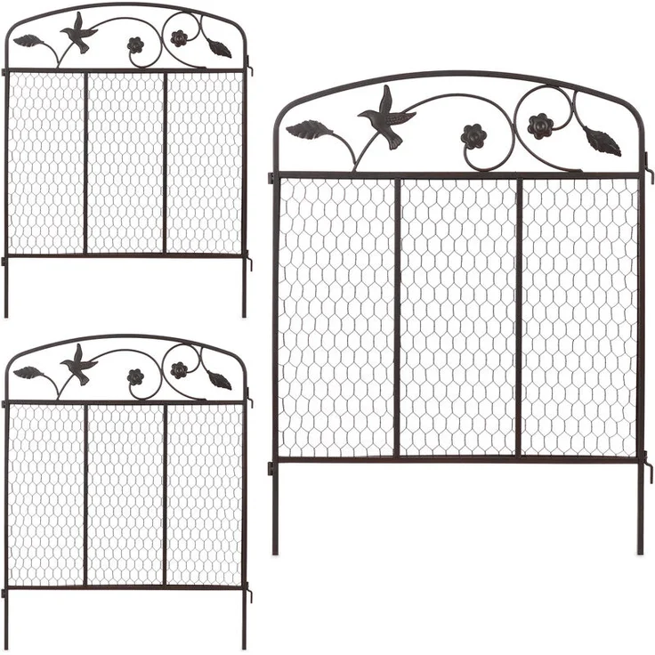 Relaxdays - Beeteinfassung zum Stecken, 3 Zaunelemente je HxB: 79 x 63 cm, Metall, Beetzaun mit Verzierung, dunkelbraun