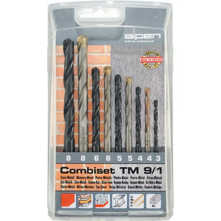 Bohrer - Combiset TM 9-1, Metall- und Steinbohrer, 9-teilig universeller Mauerbohrer Typ Long Life in gefräster Ausführung, für Mauerwerk und Naturstein universeller Spiralbohrer für (un-) legierten Stahl
