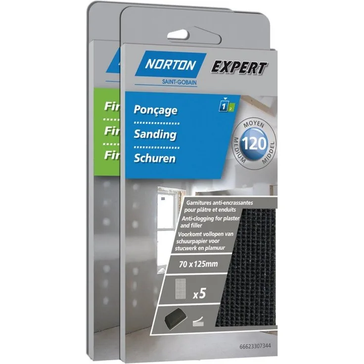 Norton Sandpapier-Schleifpapier für Gips-Putz, 70 mm x 125 mm, Körnung 220, 5 Stück