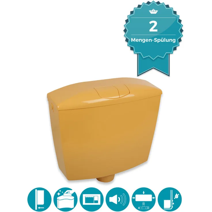  Spülkasten Curry-Gelb mit 2-Mengen-Spülung, 3,5 & 6 - 9 Liter Spülmenge, Aufputzspülkasten WC schmal, Spülkasten Wellness in Gelb zur