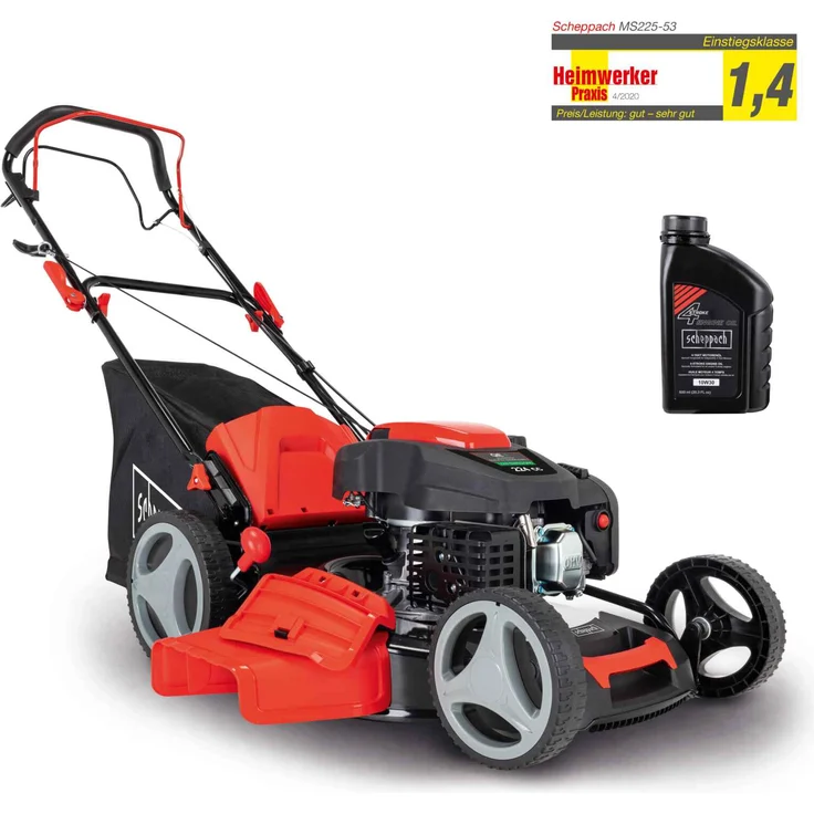 Scheppach Benzin Rasenmäher MS225-53 mit Radantrieb | 53cm Schnittbreite | 65L Fangbox | Höhenverstellung 7 Stufen | Seitenauswurf & Reinigungsfunktion | Mulchmäher | inkl. Motoröl – Bild 1