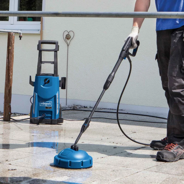 Scheppach Hochdruckreiniger HCE2600 inkl. 8-TLG. Zubehör | 180bar Arbeitsdruck | 2400W Leistung | 5m Hochdruckschlauch | Fördermenge 480 l/h | mobiler Flächenreiniger mit Bürsten – Bild 6