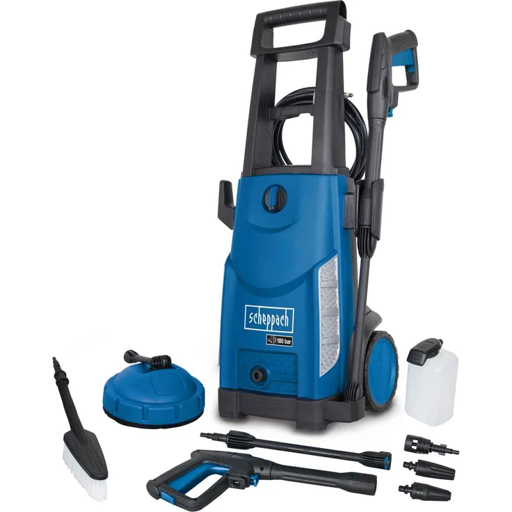 Scheppach Hochdruckreiniger HCE2600 inkl. 8-TLG. Zubehör | 180bar Arbeitsdruck | 2400W Leistung | 5m Hochdruckschlauch | Fördermenge 480 l/h | mobiler Flächenreiniger mit Bürsten – Bild 1