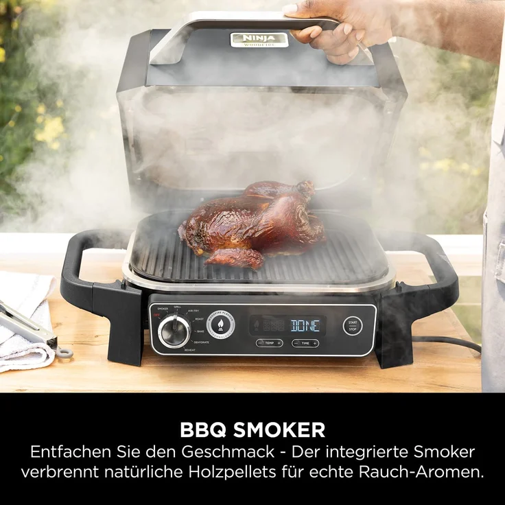Ninja Woodfire Elektrogrill Outdoor Grill & Smoker OG701DE, Outdoor Heißluftfritteuse, 7 Kochfunktionen, Grau – Bild 3