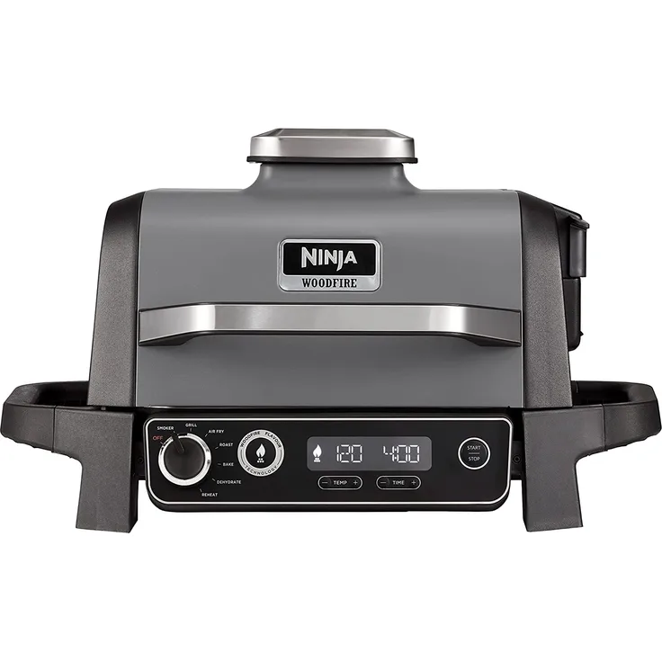 Ninja Woodfire Elektrogrill Outdoor Grill & Smoker OG701DE, Outdoor Heißluftfritteuse, 7 Kochfunktionen, Grau