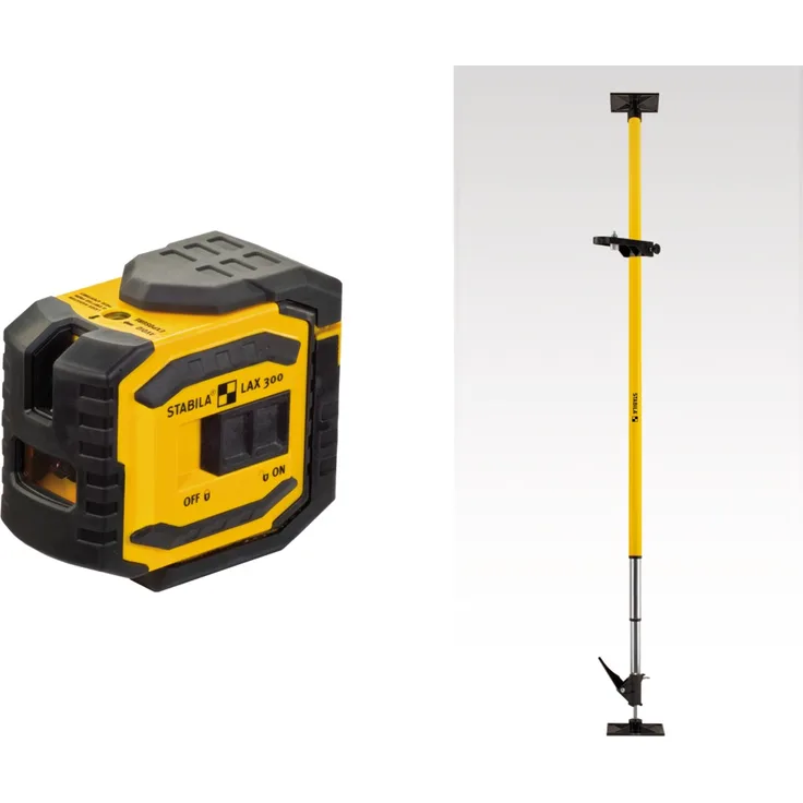 STABILA Kreuzlinienlaser LAX 300, 5-teiliges Set, selbstnivellierend, scharfe Laser-Linien mit Lotpunkten, Reichweite bis 20 m, Schutzklasse IP 54, inklusive Teleskopstange LT 30