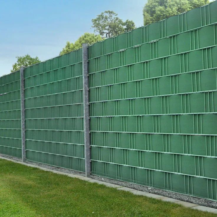 Juskys PVC Sichtschutzstreifen Doppelstabmatten Zaun 3er Set - 3 Rollen á 35m x 19cm - Befestigungsclips - Zaunfolie Sichtschutz Windschutz – grün – Bild 2
