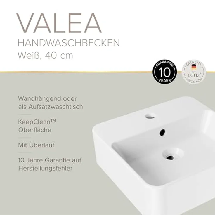 Lenz Handwaschbecken VALEA, platzsparend für Gäste-WCs, 40 cm x 38,5 cm, wandhängend oder als Aufsatzwaschtisch, superglatte KeepClean Oberfläche, mit Überlauf, Weiß, 41010161 – Bild 4