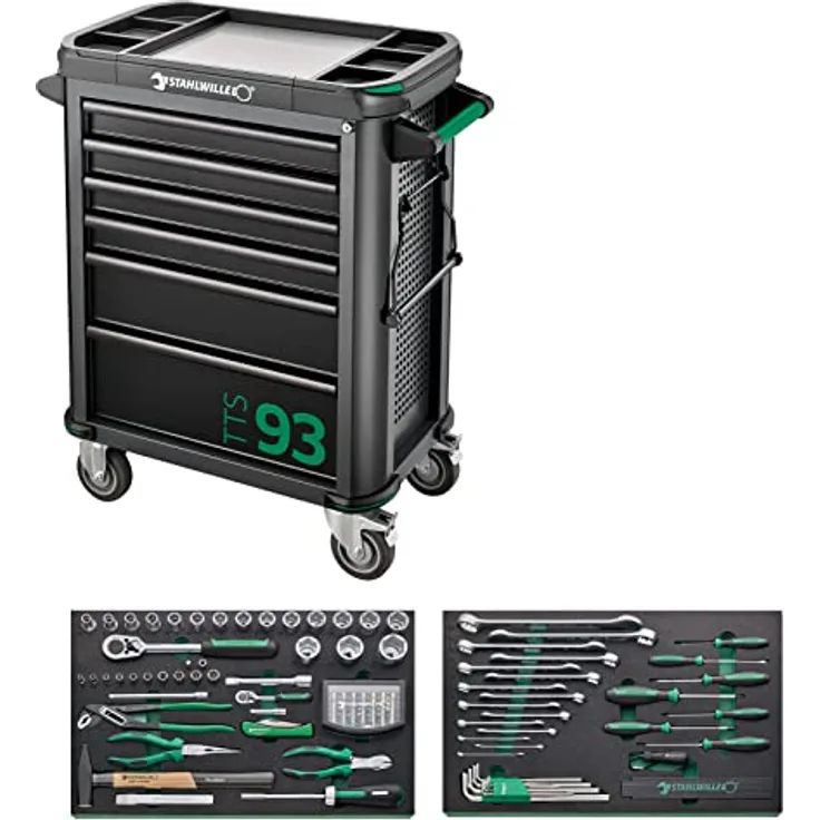 Stahlwille 93/130 Werkstattwagen bestückt mit 130-tlg. Premium-Werkzeugset l Erstausrüstung für Industrie, Handwerk und Automotive l Made in Germany