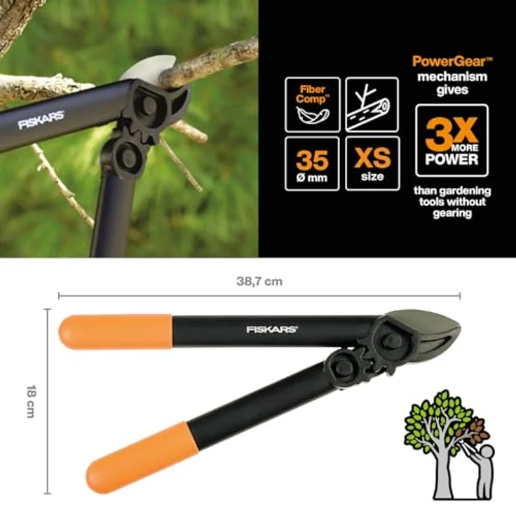 Fiskars PowerGear Amboss-Getriebeastschere für trockenes und hartes Holz, Antihaftbeschichtet, Gehärteter Präzisionsstahl, Länge 39 cm, Schwarz-Orange, L31, 1000581 – Bild 3
