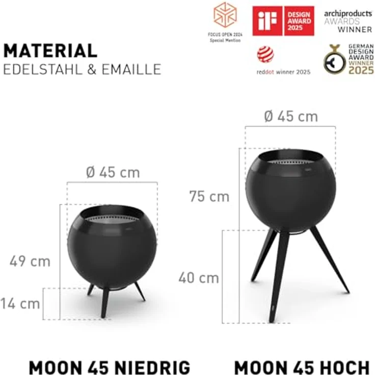 höfats Moon 45 All Black, Feuerschale mit niedrigem Fuß, raucharmer schwarzer Feuerkorb mit Holzvergaser-Technologie und 360°-Luftzirkulation, ⌀ 45 cm – Bild 2