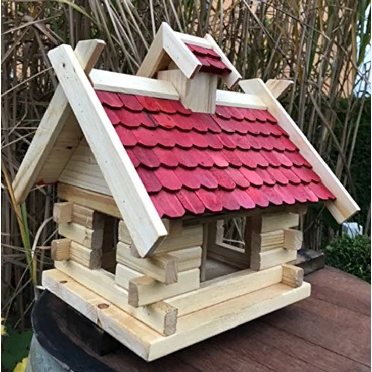 Rechteckiges Vogel Futter Haus Futterstelle aus Holz Vogelhaus Natur-Rot