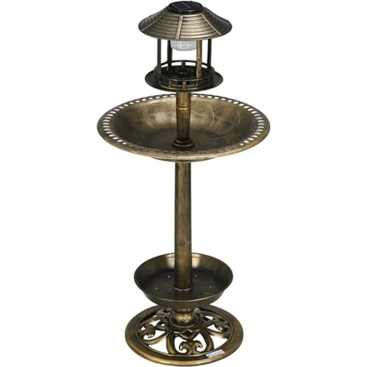 Outsunny Vogeltränke mit Solarleuchte, 110 cm Höhe Vogelbad, Vogelfutterspender, Vogelbecken mit Blumensockel, Wildvogeltränke für Garten, Balkon, Bronze – Bild 1