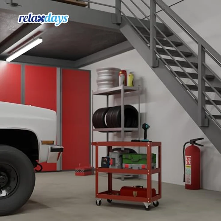 relaxdays Werkstattwagen mit 3 Ebene, max. Traglast 100 kg, Stahlkonstruktion, Rot – Bild 2