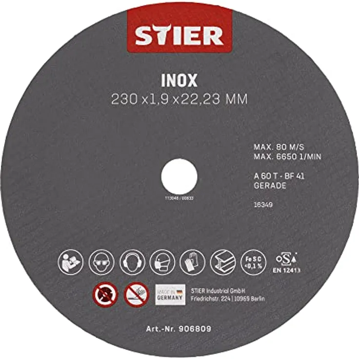 STIER Trennscheibe 230 x 1,9 x 22,23 gerade Inox/Edelstahl, MADE IN GERMANY, für Stahl und Metall, 25er Pack