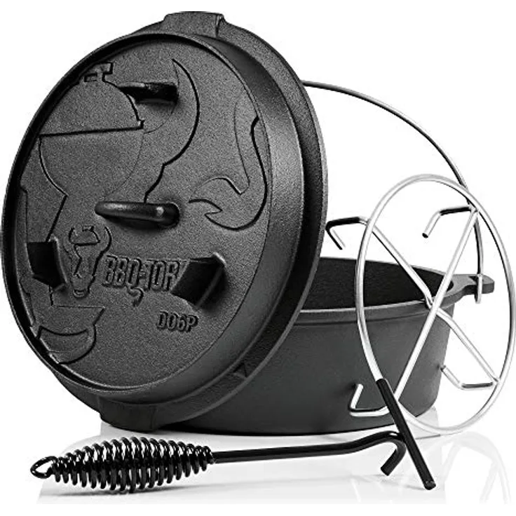 BBQ-Toro Dutch Oven Premium Serie | 7,3 Liter (DO6P), Topf ohne Füße | bereits eingebrannt - preseasoned | Verschiedene Größen | Gusseisen Kochtopf | Bräter mit Deckelheber