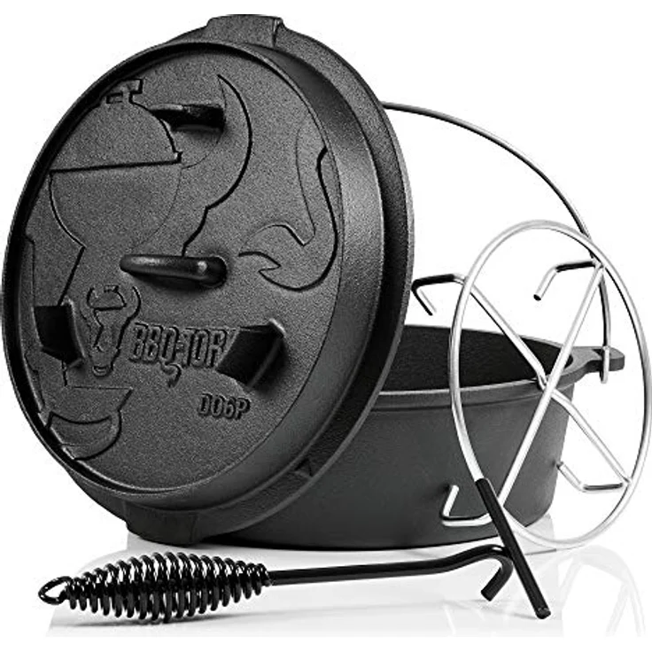 BBQ-Toro Dutch Oven Premium Serie | 7,3 Liter (DO6P), Topf ohne Füße | bereits eingebrannt - preseasoned | Verschiedene Größen | Gusseisen Kochtopf | Bräter mit Deckelheber – Bild 1