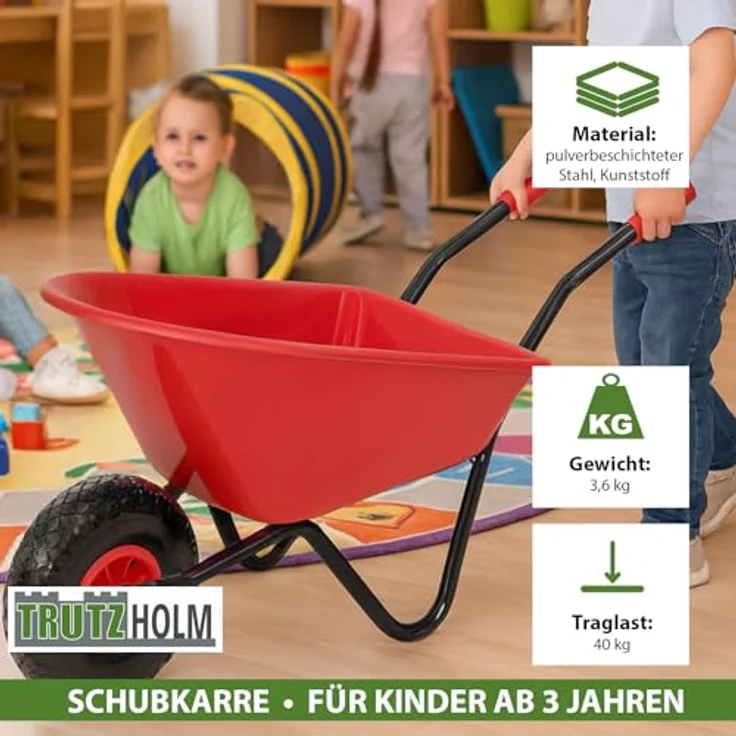 TRUTZHOLM Kinderschubkarre Uni, 40 kg Traglast, 3,6 kg leicht, pulverbeschichteter Stahlrahmen, rot, Vollgummirad – Bild 3