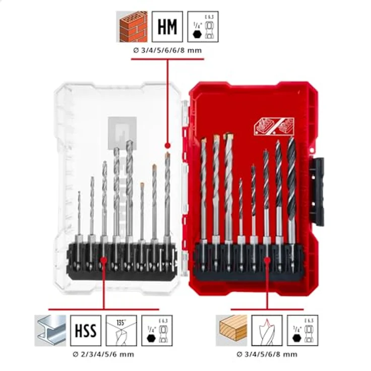Einhell M-CASE 16-tlg. Bohrer-Set, Holzbohrer, Steinbohrer und Metallbohrer mit E 6.3 Schaft in praktischer Aufbewahrungsbox – Bild 2