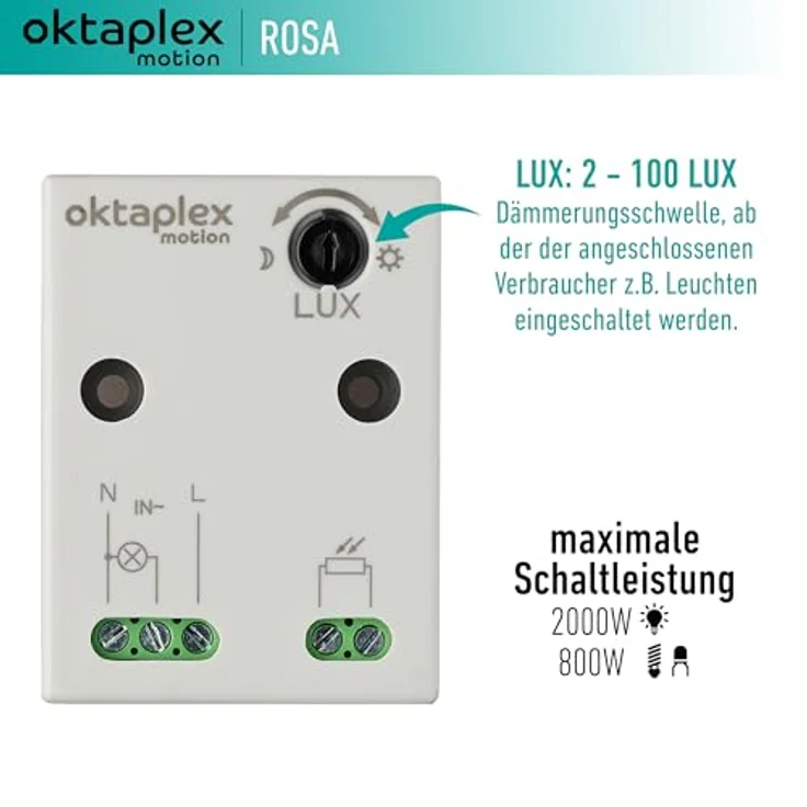 Oktaplex motion Rosa Mini Einbau Dämmerungsschalter 230V, IP65 Lichtsensor Kabel verlängerbar – Bild 3